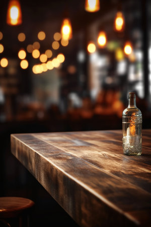 Empty wooden bar counter in a pub or restaurant with bokehの素材