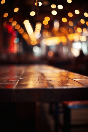 wooden table in a pub or restaurant with bokeh backgroundの素材