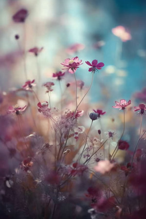 beautiful flowers in the meadow, soft focus, retro tonedの素材
