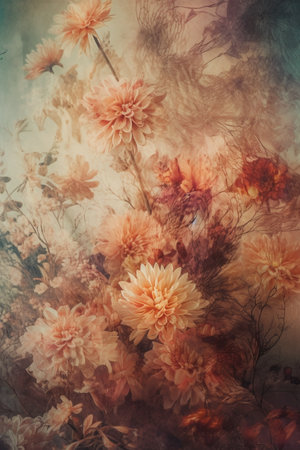 Grunge floral background with dahlia flowers, vintage styleの素材