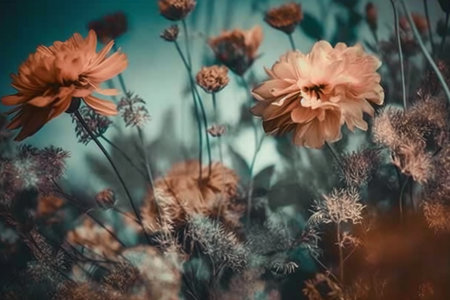 Beautiful flowers in vintage style. Floral background. Selective focus.の素材