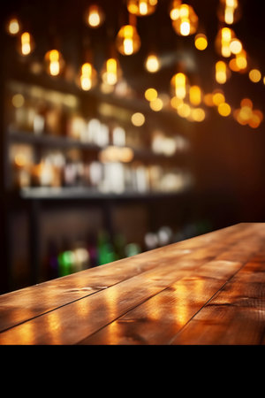 Empty wooden table and blurred background of bar or pub. For product displayの素材