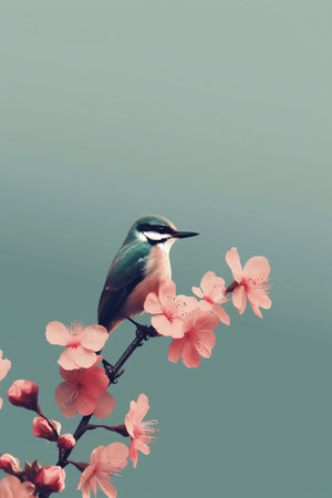 White-breasted Kingfisher Bird on blossom sakuraの素材