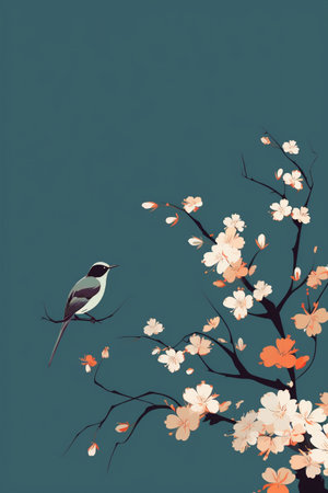 Cherry blossom tree with bird on branch. Vector illustration.の素材