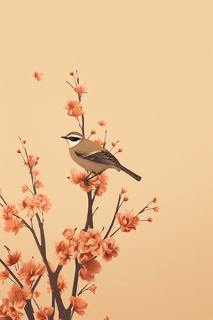 Bird on a branch of blossoming tree with flowers. Vintage style.の素材