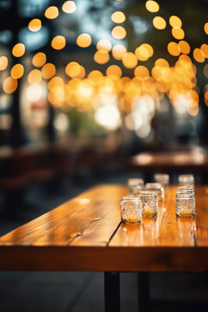 Empty glasses of whiskey on wooden table in pub with bokeh backgroundの素材