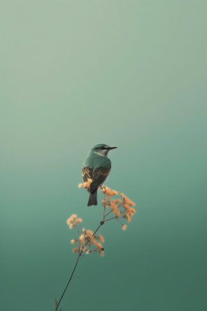 Bird on a flower in the foggy morning, vintage filter appliedの素材