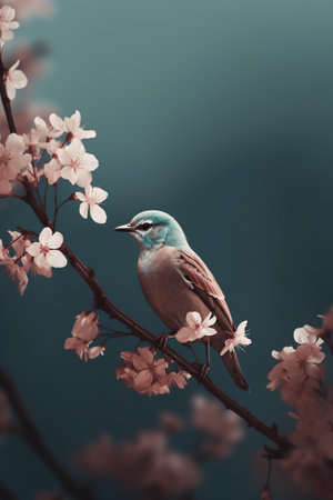 Little bird on a branch of cherry blossoms. Spring background.の素材
