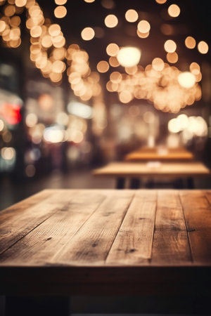 Empty wooden table and Coffee shop blur background with bokeh image.の素材