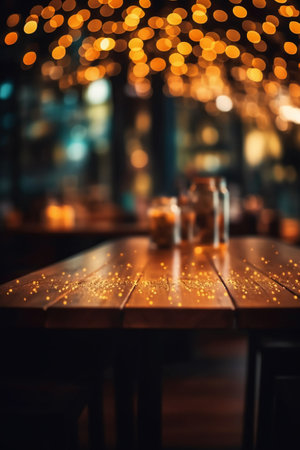 Empty wooden table in a restaurant with bokeh lights in the backgroundの素材