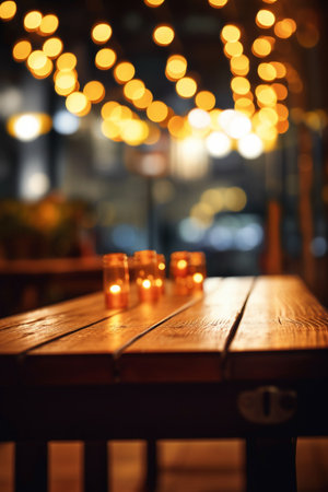 Wooden table in a pub or restaurant with bokeh lightsの素材
