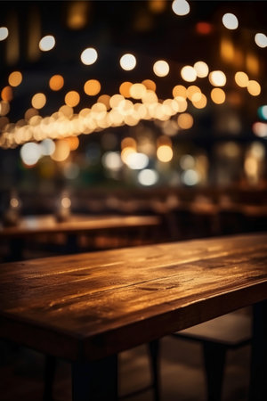 Empty wooden table in front of abstract blurred bokeh background.の素材