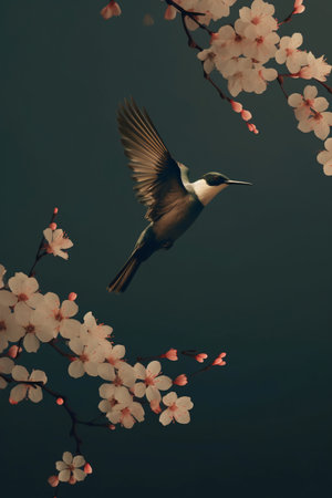 Hummingbird and cherry blossom in spring. Vintage style.の素材
