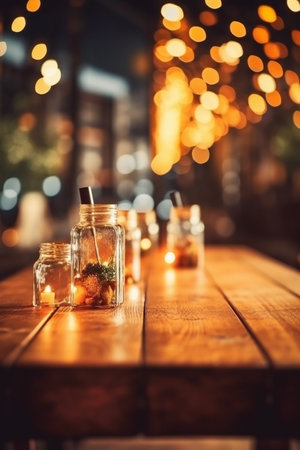 Cocktails in glass jars on a wooden table in a restaurantの素材