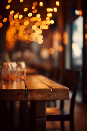 Empty wooden table and chairs in a restaurant, shallow depth of fieldの素材
