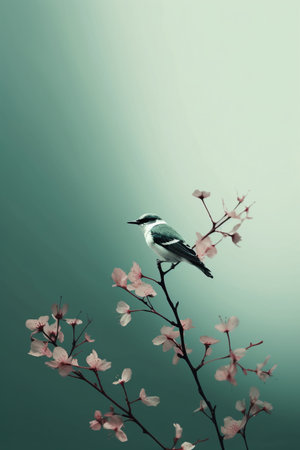 Bird on Cherry Blossom tree, vintage color tone, soft focus.の素材