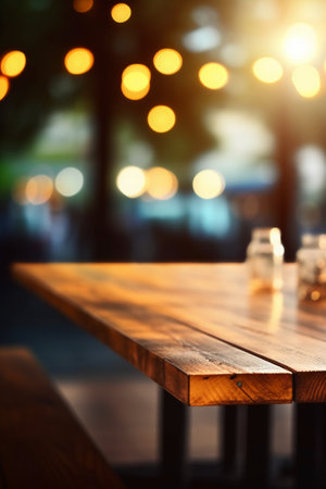 Empty wooden table in front of blurred background of cafe or restaurant.の素材
