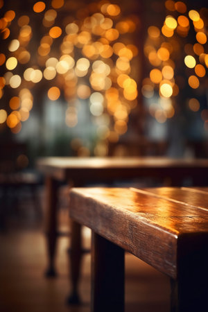 Wooden table in a restaurant with golden bokeh background.の素材