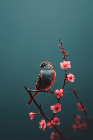 Sparrow on a branch of blooming sakura on a blue backgroundの素材