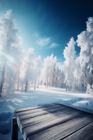 Frozen winter forest with snow covered trees and wooden walkway.の素材