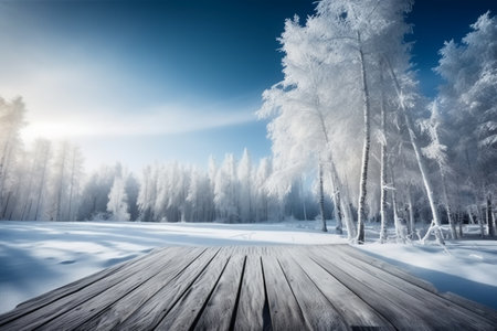 Winter landscape with frozen trees and wooden walkway in the park.の素材