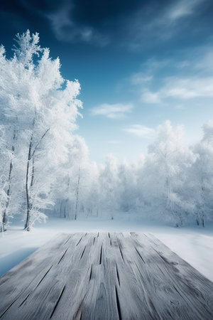 Wooden pier in winter forest with trees covered with hoarfrostの素材