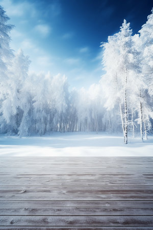 Wooden pier in the winter forest with trees in hoarfrostの素材