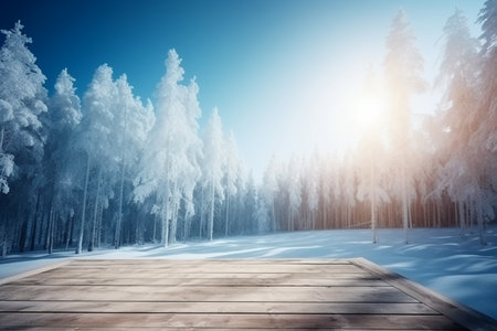 Wooden floor in the winter forest with snow covered trees and blue skyの素材