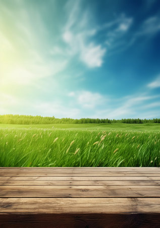 Wooden table top on green grass field and blue sky background.の素材