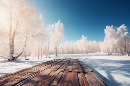 Wooden boardwalk in the winter forest. Beautiful winter landscape.の素材