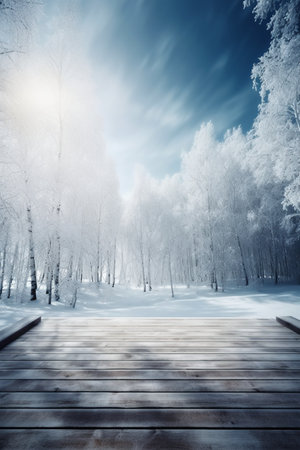 Wooden walkway in the winter forest. Beautiful winter landscape.の素材