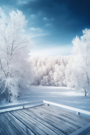 Winter landscape. Wooden pier on the background of the winter forest.の素材
