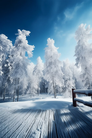 Beautiful winter landscape with snow covered trees and wooden walkway.の素材