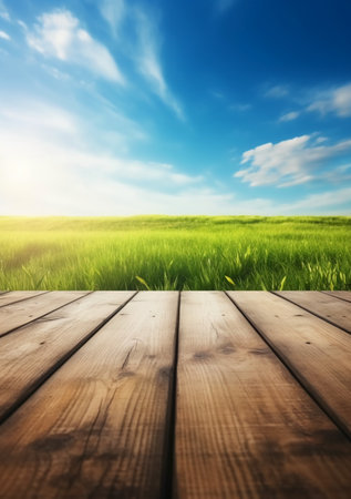 Wooden floor on green grass field and blue sky with clouds.の素材