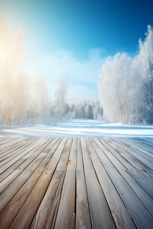 Winter landscape with wooden pier and trees covered with hoarfrost.の素材