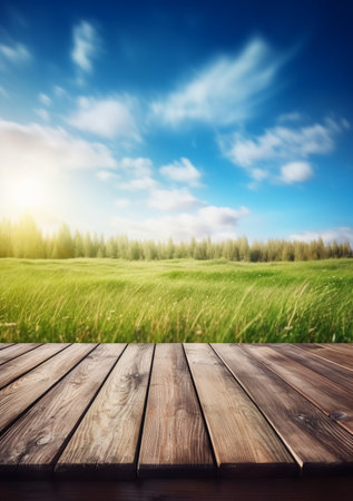 Empty wooden table with grass field and blue sky background. Ready for product display montageの素材