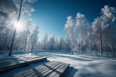 Winter forest with snow covered trees and wooden walkway on blue sky backgroundの素材
