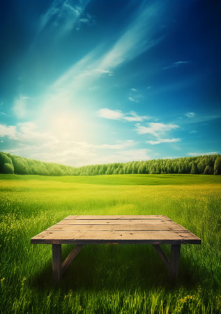 Wooden table on a green meadow under blue sky with cloudsの素材