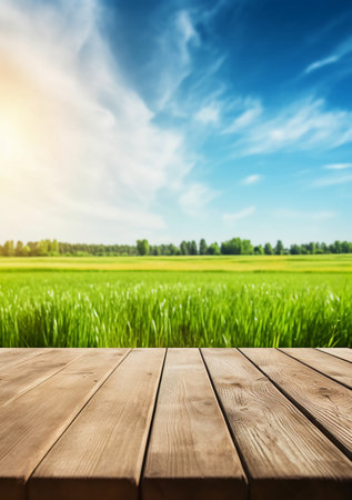 Wooden table in front of rice field background. Collage.の素材