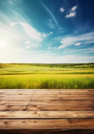Wooden table in front of green field and blue sky with cloudsの素材