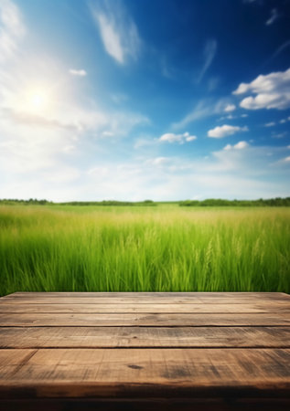 Empty wooden table with green rice field background. Ready for product display montageの素材