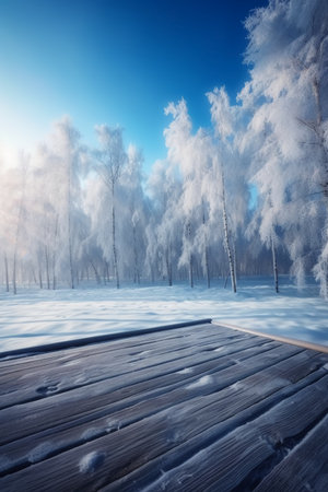 Wooden pier in the winter forest with trees covered with hoarfrostの素材