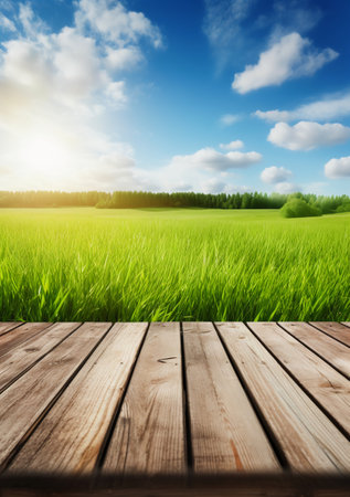 Wooden floor on green field and blue sky with white clouds.の素材