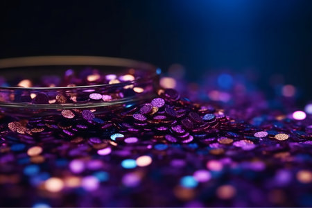 purple sequins in glass bowl on black background, shallow depth of fieldの素材