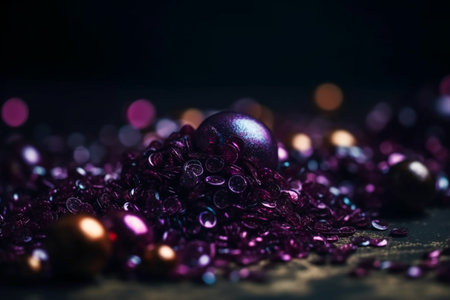 Christmas decoration with purple baubles on dark background with bokehの素材