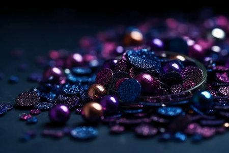 Purple and purple sequins on a black background close-upの素材