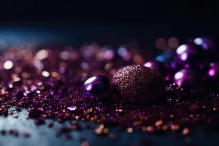 Purple christmas balls on a black background with bokehの素材