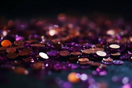 Purple and golden sequins on a dark background. Selective focus.の素材