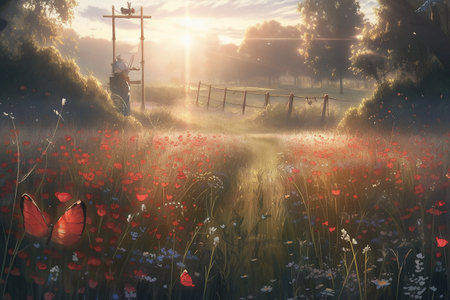 Poppy field in the rays of the rising sun. Spring landscape.の素材
