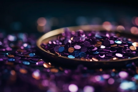 Purple and purple sequins on a black background, shallow depth of fieldの素材